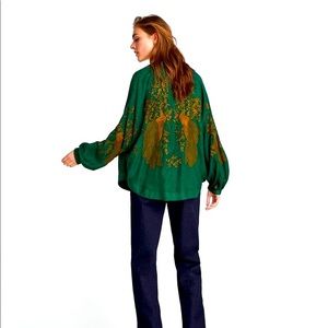 Zara Woman XS Embroidered Jacquard Kimono Green & Gold Peacock Cardigan